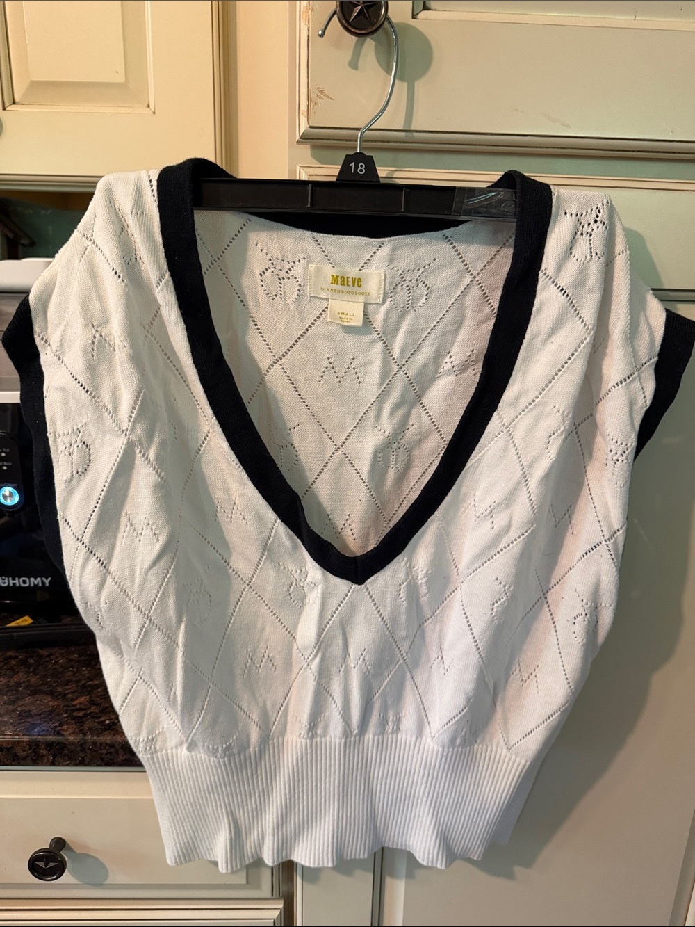 Anthropologie White V-Neck Pointelle Sweater with Black Trim